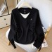 Small V-Neck Drawstring Pleated Knit Women's Designer Embroidered Long Sleeve Top Layering Outerwear