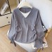 Small V-Neck Drawstring Pleated Knit Women's Designer Embroidered Long Sleeve Top Layering Outerwear