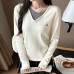 Small V-Neck Drawstring Pleated Knit Women's Designer Embroidered Long Sleeve Top Layering Outerwear