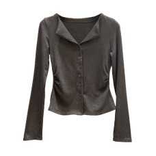 Style Deep Floral Gray V-Neck Buttoned Long Sleeve