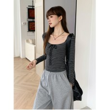 Striped Tie-Neck Square Collar Long Sleeve Top for Women