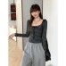 Striped Tie-Neck Square Collar Long Sleeve Top for Women Striped Tie-Neck Square Collar Long Sleeve Top for Women