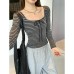 Striped Tie-Neck Square Collar Long Sleeve Top for Women Striped Tie-Neck Square Collar Long Sleeve Top for Women