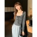 Striped Tie-Neck Square Collar Long Sleeve Top for Women Striped Tie-Neck Square Collar Long Sleeve Top for Women