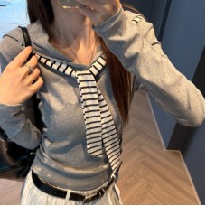 Gray Striped Tie Mock Two-Piece Long Sleeve Shirt for Women Gray Striped Tie Mock Two-Piece Long Sleeve Shirt for Women