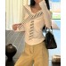 Gray Striped Tie Mock Two-Piece Long Sleeve Shirt for Women