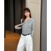 Gray Striped Tie Mock Two-Piece Long Sleeve Shirt for Women