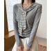 Gray Striped Tie Mock Two-Piece Long Sleeve Shirt for Women