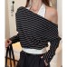 Chic Color-Blocking Stripe Off-Shoulder Long Sleeve Top 