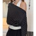 Chic Color-Blocking Stripe Off-Shoulder Long Sleeve Top 