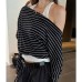 Chic Color-Blocking Stripe Off-Shoulder Long Sleeve Top 