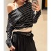 Chic Color-Blocking Stripe Off-Shoulder Long Sleeve Top 