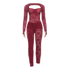 New autumn sexy lace hot girl perspective hollow out backless lace high waisted slim fit suit pants