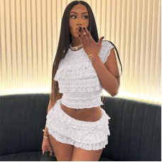 New Fashion Style Sweet and Spicy Girl Solid Color Hollow out Slim Fold Shorts Set for Women