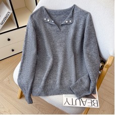 Chic Orange Knit Sweater with Half-Open Collar for Women