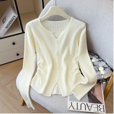 Chic Long Sleeve Sweater with Small V-Neck Knit Top 