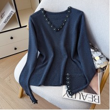 Long Sleeve Knit Sweater with Embellished Lace Collar and Beaded Sleeves