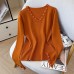Long Sleeve Knit Sweater with Embellished Lace Collar and Beaded Sleeves