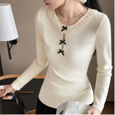 Chic Long Sleeve Knit Top for Women with Embellished Lace