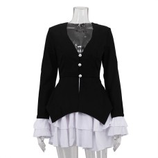 Elegant V-Neck Fitted Ruffle Patchwork Single-Breasted Mock Two-Piece Dress Elegant V-Neck Fitted Ruffle Patchwork Single-Breasted Mock Two-Piece Dress