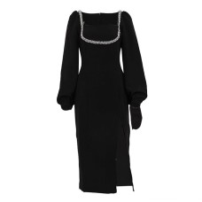 Elegant Low-Cut Square Neck Beaded Lantern Sleeve Fitted Slit Evening Dress
