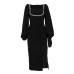 Elegant Low-Cut Square Neck Beaded Lantern Sleeve Fitted Slit Evening Dress