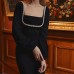 Elegant Low-Cut Square Neck Beaded Lantern Sleeve Fitted Slit Evening Dress