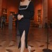 Elegant Low-Cut Square Neck Beaded Lantern Sleeve Fitted Slit Evening Dress