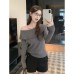 Shoulder-Baring Boat Neck Long Sleeve Top