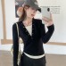 Unique Color-Blocked Buttoned False Two-Piece Long Sleeve Top