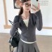 Unique Color-Blocked Buttoned False Two-Piece Long Sleeve Top