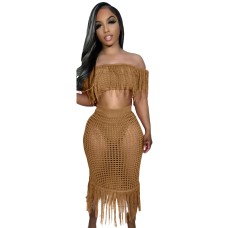 Urban Fashion Sexy Sheer Knit Crochet Fringe Beach Set