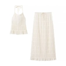 Two piece set of backless neck hanging suspender pleated long skirt