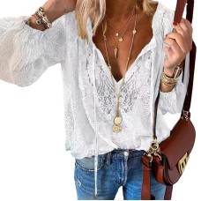 Chic Loose-Fit Printed  Style Lace Top with Solid Color, Crew Neck Design