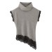 Asymmetric design lace patchwork stand up collar sleeveless top