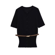 Short sleeved belt knitted top for women's clothing