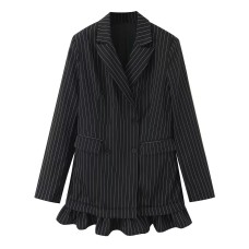 Ruffled hem double breasted striped suit
