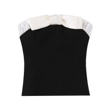 Bow embellished patchwork strapless top