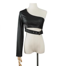 Collarless single shoulder irregular short top