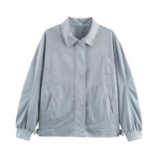 Style Solid Color Turn-down Collar Loose Suede Short Coat for Women