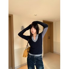 Two-Piece Deep V-Neck Knit Sweater for Women, Patchwork Halter Long Sleeve Sweater