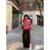 Corduroy Casual Pants for Women, Pleated Design Straight Leg Trousers