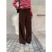 Corduroy Casual Pants for Women, Pleated Design Straight Leg Trousers