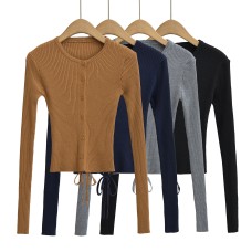 Round neck single breasted long sleeved short strap top Round neck single breasted long sleeved short strap top