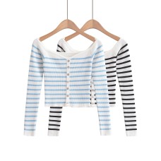 One word neck ultra short striped top