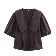 French Bubble Sleeve Round Collar Top