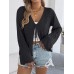 Solid color hollow lace up trumpet sleeve top