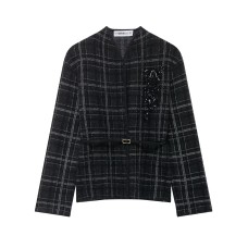 Plaid knit with waistband jacket for women's clothing
