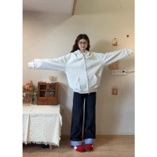 Vintage Embroidered Hooded Cardigan Women's Open Front Sweatshirt Casual Loose Style Outerwear