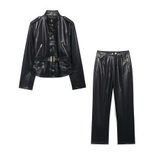 Imitation leather jacket+flared pants women's clothing
